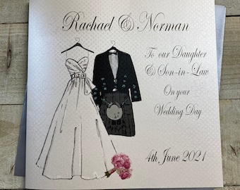 Robe de mariée et kilt personnalisés - Fille et gendre / Fils et belle-fille - Carte de mariage écossaise - Carte kilt - Couple spécial
