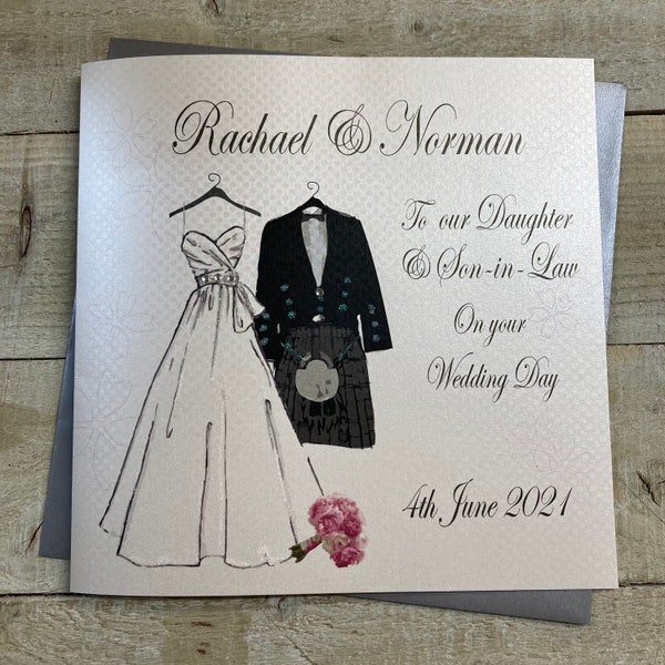 Personalised Wedding dress and Kilt - Daughter & Son-in-law / Son and daughter in law - Scottish wedding card - kilt card - Special Couple