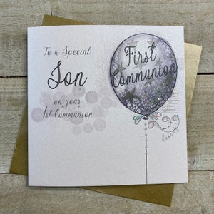 1ère carte faite main de fils de première communion - église argentée ou ballon argenté