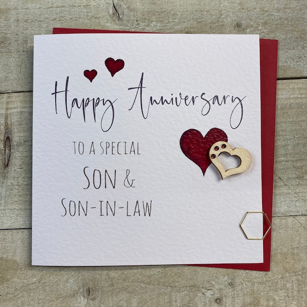 Son & Son in law Handmade Anniversary Hearts, Love, Wooden Heart, Same Sex Card