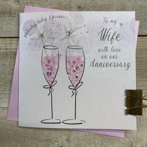 Cartão de aniversário de esposa feito à mão - especial, personalizado, incrível, a melhor esposa - flautas de champanhe, corações, rosas vermelhas