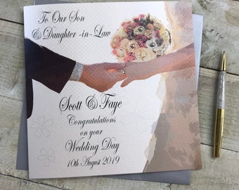 Personalised Son - Dau-in-law / Daughter - son-in-law Wedding Card - Hands & Bouquet Design P19-52 - special wedding card