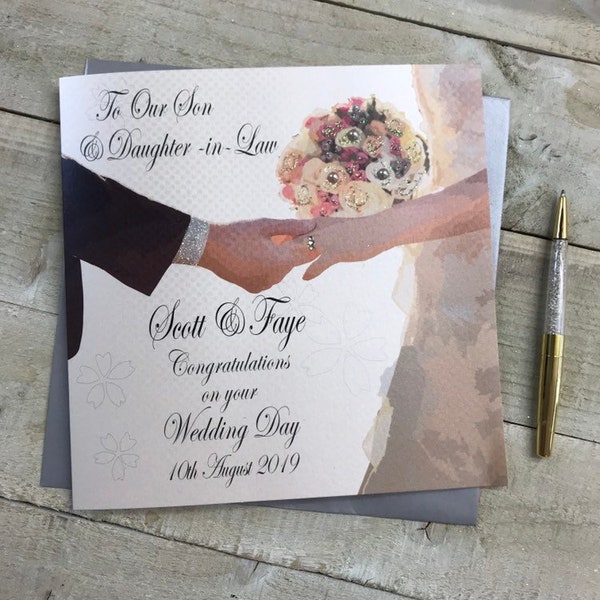 Personalised Son - Dau-in-law / Daughter - son-in-law Wedding Card - Hands & Bouquet Design P19-52 - special wedding card