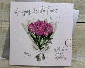 Special Friend handmade birthday card - cocktails, cake, flowers, heart, star - best friend, amazing, gorgeous, lovely, special