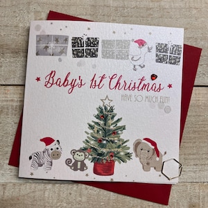 1. erste Weihnachtshandgemachte Karte Tochter, Sohn, Enkelin, Enkel - Wäscheleine, kleiner Elefant, Schneemann