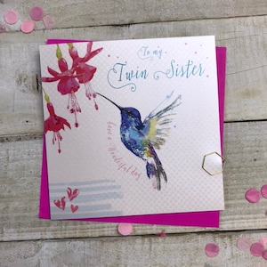 Zwillingsschwester Geburtstagskarte - für meine Zwillingsschwester Kolibri Glitter oder Kuchen & Champagner Design