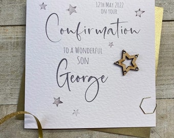 Carte de confirmation ou de première communion - Étoiles pour fils, fille, petit-fils, filleul, petite-fille, filleule, nièce, sœur, frère