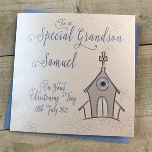 Personalisierte spezielle Enkel handgemachte Taufkarte - Blue Church Design PPS59A, Patenkind, Sohn, Neffe, Enkelkarte