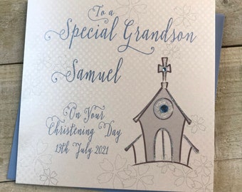 Personalised Special Grandson Handmade Christening Card - Blue Church Design PPS59A, godson, son, nephew, grandson card