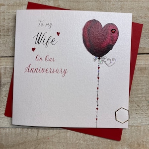 Tarjeta de aniversario hecha a mano para esposa: especial, personalizada, increíble, la mejor esposa: copas de champán, corazones, rosas rojas, GLOBO ROJO