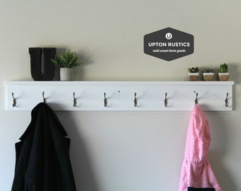 White Towel Rack with Hooks, Bathroom, with Shelf, Wood, Towel Rack Wall, Towel Hooks, Hooks on Wood, Hook Rack, Hook Shelf, Hooks and Racks