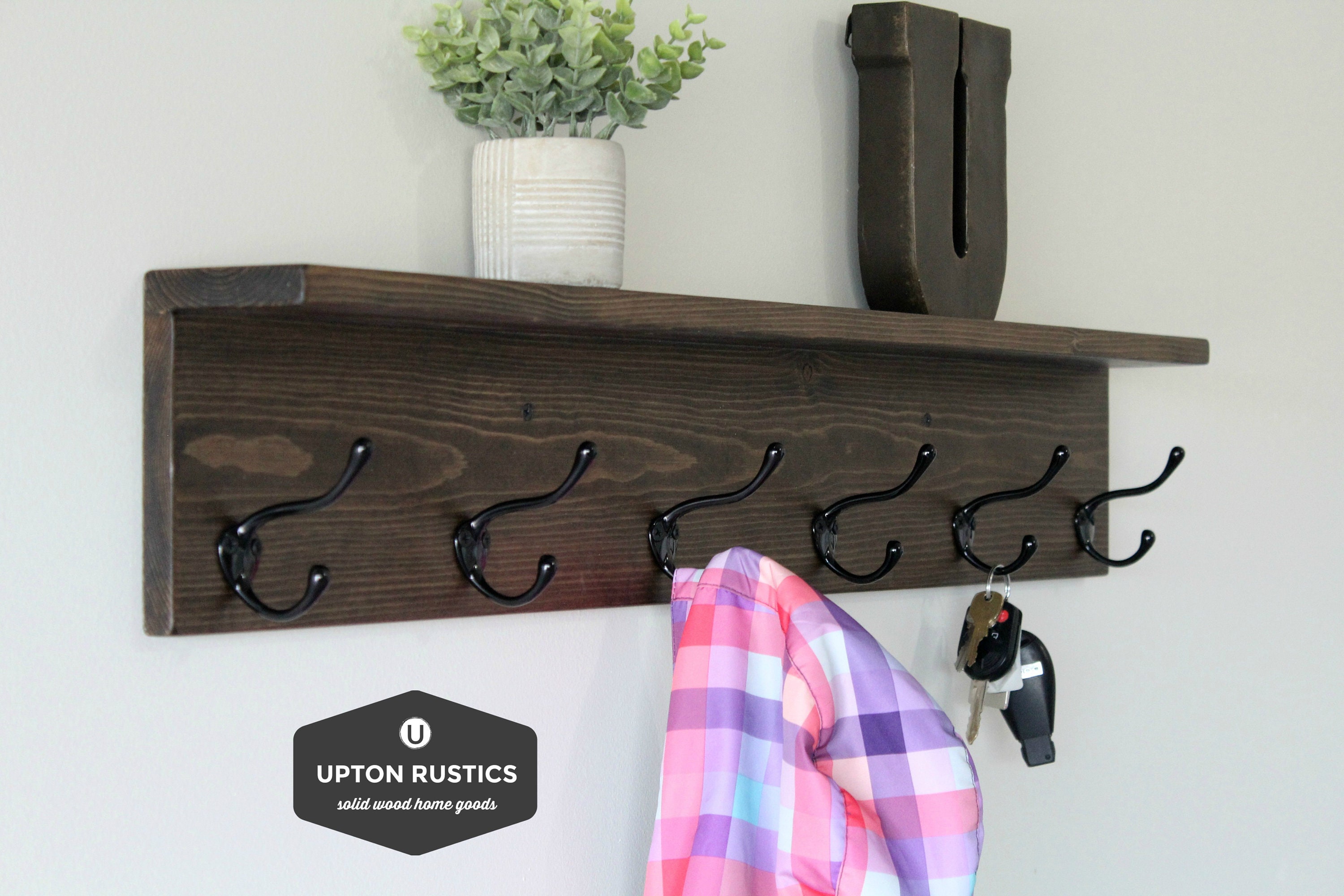 26in Wall Mounted Coat Hooks with Shelf Rustic Wood Coat Rack with 5 Dual  Metal Hooks 