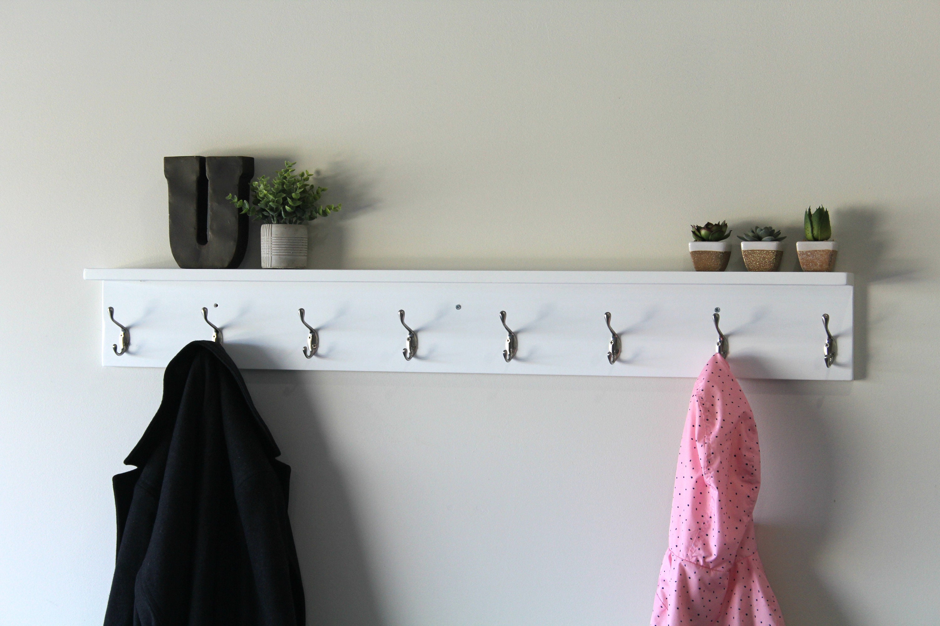 White Towel Rack With Hooks, Bathroom, With Shelf, Wood, Towel
