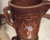 Vintage stoneware milk pitcher brown glaze, diamond pattern