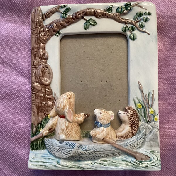 Vintage Foxwood Tales 3D woodland wildlife ceramic picture frame, Foxwood tales bunny hedgehog and mouse w/ bow tie in a boat picture frame