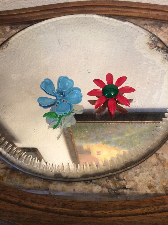 Set of two vintage enamel, metal floral pins, 1960
