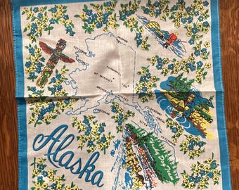 Vintage blue Alaska handkerchief, Alaska state souvenir handkerchief, MCM Alaska state map handkerchief, souvenir state hankie