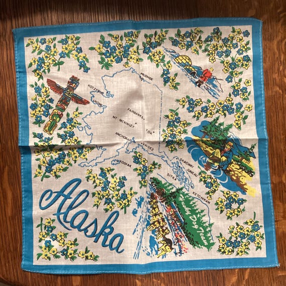 Vintage blue Alaska handkerchief, Alaska state souvenir handkerchief, MCM Alaska state map handkerchief, souvenir state hankie