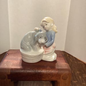 Porcelain Girl and dog figurine, Lladro like figurine, vintage girl washing dog figurine, vintage girl with dog figurine, porcelain dog