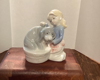 Porcelain Girl and dog figurine, Lladro like figurine, vintage girl washing dog figurine, vintage girl with dog figurine, porcelain dog