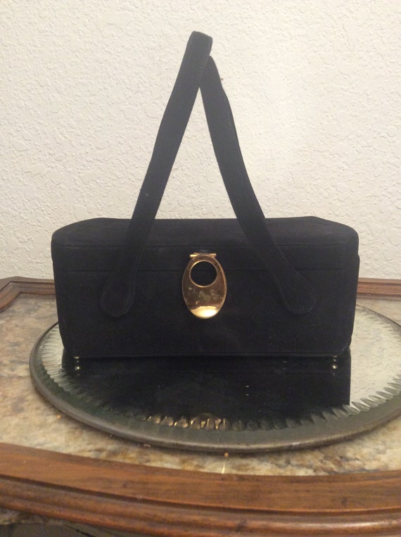 1950's box purse, black purse, black velvet box pu