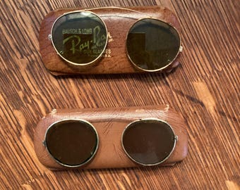 Two antique gold wire clip on sunglasses with hard cases, vintage Ray-Ban gold wire clip on sunglasses, vintage sunglasses, wire rim glasses