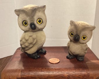 VINTAGE Josef Original Flocked Owl Figurines Set of 2 Adorable
