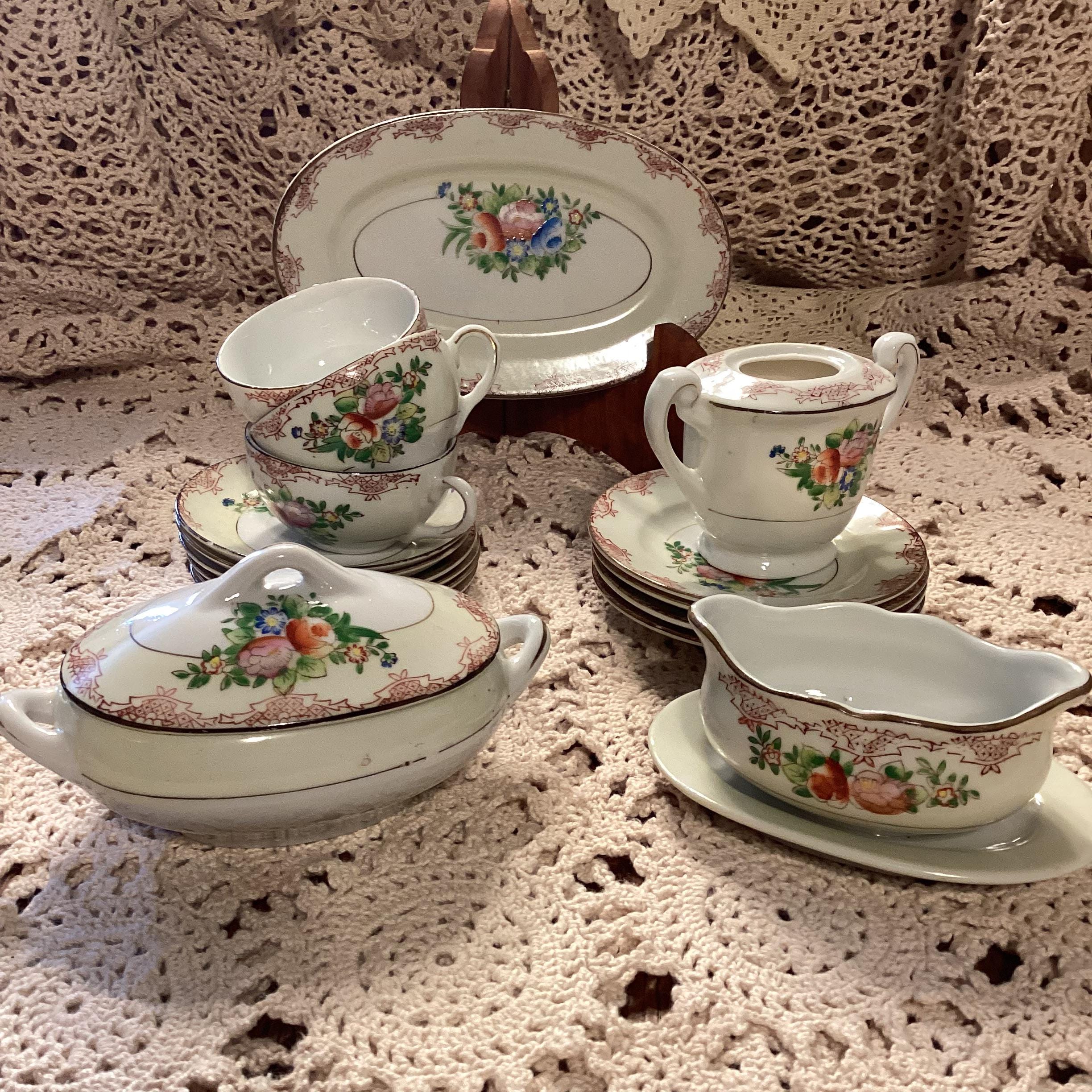 Vintage Child's China Dinnerware Set, Made in Japan Dishes Play