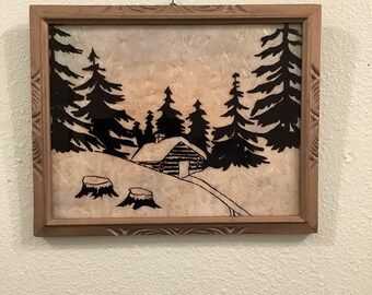 Vintage tinsel painting of cabin in snow, vintage reverse glass painting of house in winter, snow scene antique painting, framed painting