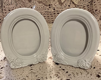 Vintage White Ceramic Rose Floral Oval Photo Frames/Planters Pencil Holders
