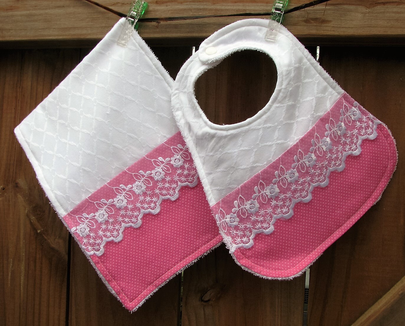 Bib and Burp Cloth Set Pink and White Lace Baby Girl Etsy