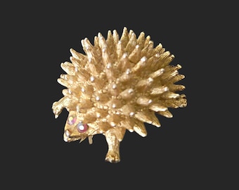 Vintage Hedgehog Brooch 3D Gold Tone AB Sparky Rhinestone Eyes