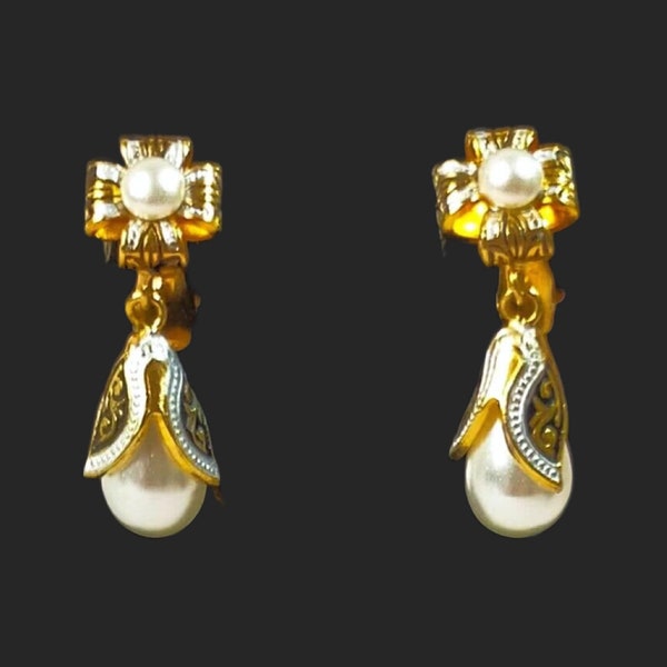 Vintage Damascene Toledo Dangle Drop Earrings Clip On Gold Tone With Faux Pearls