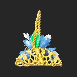 Vintage Brooch Ornate Filigree Pin Gold Tone Basket Blue Flowers Shaped Statement Badge