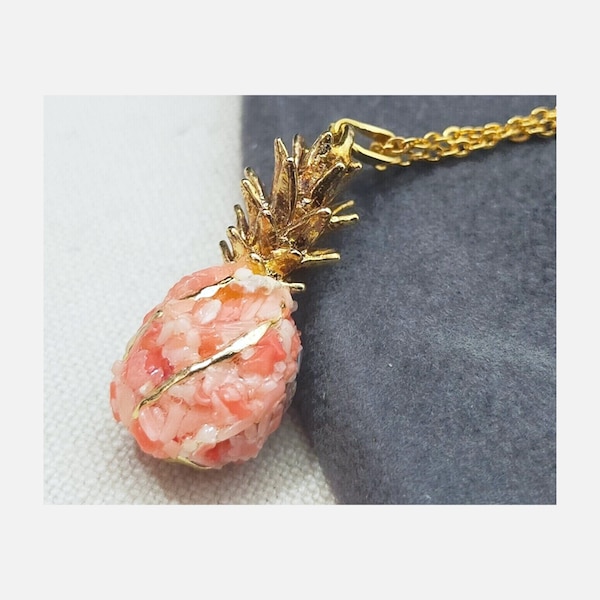 Vintage Dainty Gold Tone Chain & Coral Pineapple Pendant Necklace Gift Idea