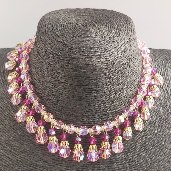 Vintage Vendome Necklace Pink Aurora Borealis Crystal Beads Gold Tone Statement