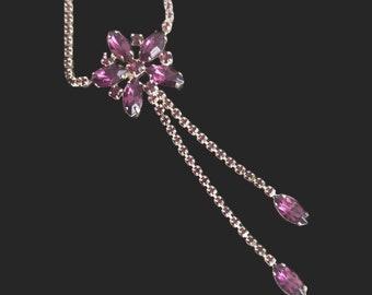 Vintage STATEMENT Faux Amethyst Pendant Flower & Silver Tone Chain Necklace