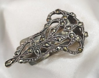 Vintage Pin 1930s 925 Sterling Silver Marcasite Art Deco Style Dress Fur Clip Decorative Accessory