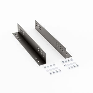 May include: Two gray metal L-brackets with multiple pre-drilled holes, along with a set of screws, washers, and nuts. The brackets are designed for structural support and are shown on a white background.