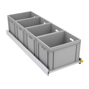 Könnte beinhalten: Vier graue Kunststoff-Aufbewahrungsbehälter auf einem ausziehbaren Metallschubladensystem. Die Behälter sind übereinander gestapelt und alle gleich groß.