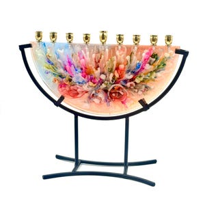 Hanukah menorah, judaica, holiday treasure, gift, unique gift, heirloom. peach floral motif