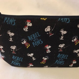 Rebel with Paws Snoopy print Pouch, Snoopy fabric wristlet,  Make Up Bag, Animal Lover Gift, Dog Lover Gift, Vet Gift