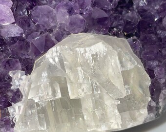 Amethyst and Calcite Cut Base Cluster// Freeform // Mineral // Healing Crystals // Rainbow // Specimen // Statement