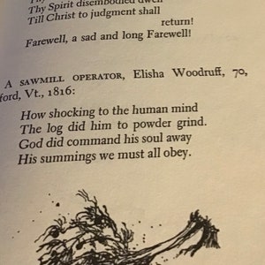 Pu&ograve; includere: Illustrazione in bianco e nero di un albero con rami che si estendono verso l'alto e verso l'esterno. Il testo sotto l'immagine dice "How shocking to the human mind The log did him to powder grind. God did command his soul away His summings we must all obey."