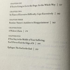 Puede incluir: P&aacute;gina de un libro con el t&iacute;tulo "A Widow's Farm, Chirundu, Zambia" y t&iacute;tulos de cap&iacute;tulos como "If You're Going to Go to the Dogs, Go the Whole Way" y "In Times of Excessive Difficulty, Cope Excessively". Los n&uacute;meros de p&aacute;gina son visibles.