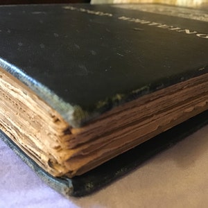 Op de afbeelding: Close-up van de rug van een zwart hardback boek met gouden letters die "The Writings" lezen. Het boek is oud en de pagina's zijn vergeeld.