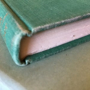 Puede incluir: Primer plano del lomo de un libro de tapa dura verde azulado. El libro est&aacute; cerrado y el lomo est&aacute; ligeramente desgastado.