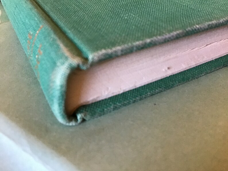 Puede incluir: Primer plano del lomo de un libro de tapa dura verde azulado. El libro est&aacute; cerrado y el lomo est&aacute; ligeramente desgastado.