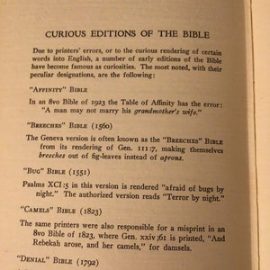 May include: A page from a book about curious editions of the Bible. The text describes different versions of the Bible and their unique features, such as the "Breeches" Bible, which uses the word "breeches" instead of "aprons" in the story of Adam and Eve.