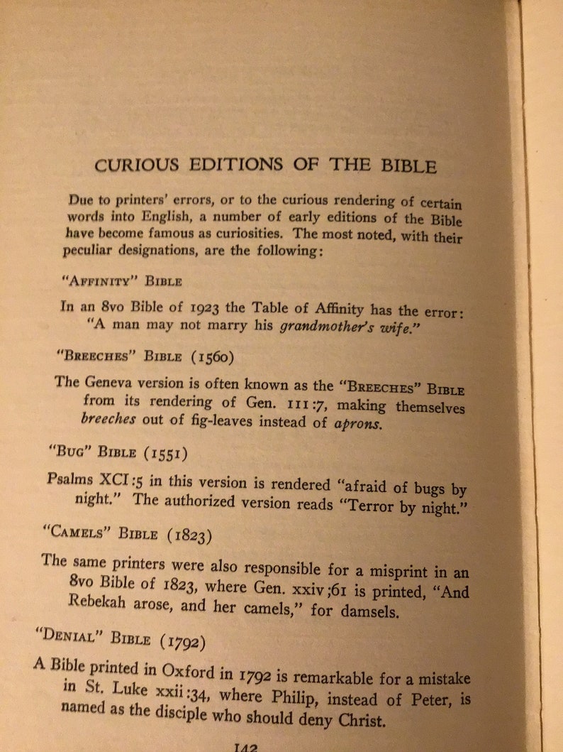 May include: A page from a book about curious editions of the Bible. The text describes different versions of the Bible and their unique features, such as the "Breeches" Bible, which uses the word "breeches" instead of "aprons" in the story of Adam and Eve.